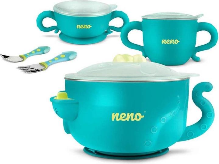Neno Set di piatti termici per bambini POLPO, contenitore per alimenti per bambini, cucchiaio per