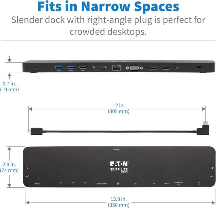 Produktbild Eaton USB-C Dock Triple Display 4K HDMI & DP VGA USB 3.2 Gen 1 USB-A/C Hub GbE 100W PD Cha (USB-C, 3 Ports)