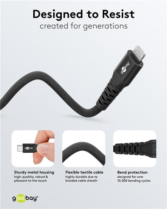Produktbild Goobay Lightning USB-C Supersoftes Textilkabel mit Metallsteckern, 0,5 m (0.50 m, USB 2.0, 60 W)