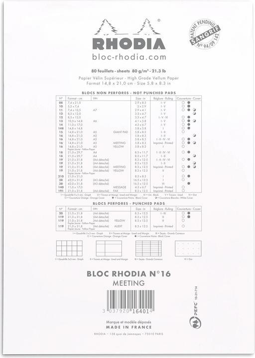 Nutritional values and ingredients Rhodia Blocks stapled 80g Basics (A5, Special ruling)