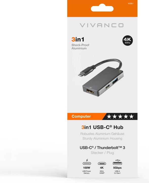 Immagine prodotto Vivanco USB-C Multiport Hub 3in1, Alu Gehaeuse, 4K 60Hz (USB-C, 3 Porti)