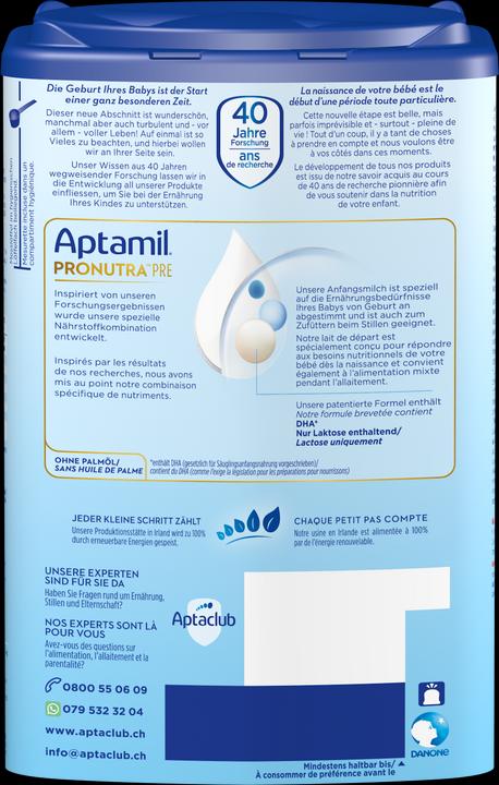 Valeurs nutritives et ingrédients Aptamil Pronutra Pre (800 g, dès la naissance)