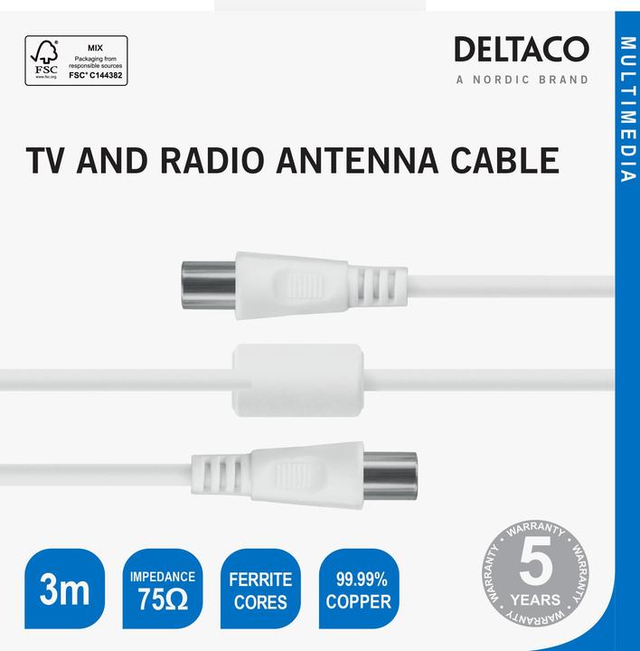 Actual product image Deltaco Antenna cable, 75 Ohm nickel-plated connectors, 3m, white