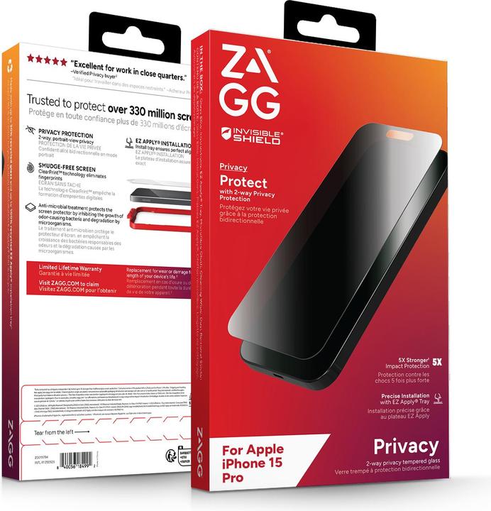 Actual product image Zagg Invisibleshield Glass Elite (1 Piece, Apple iPhone 15 Pro)