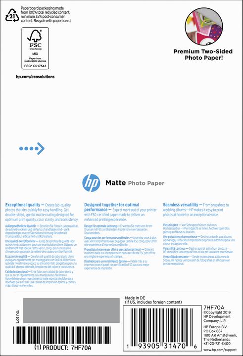 Produktbild HP Matte Photo Paper (180 g/m², 10 x 15 cm, 25 x)