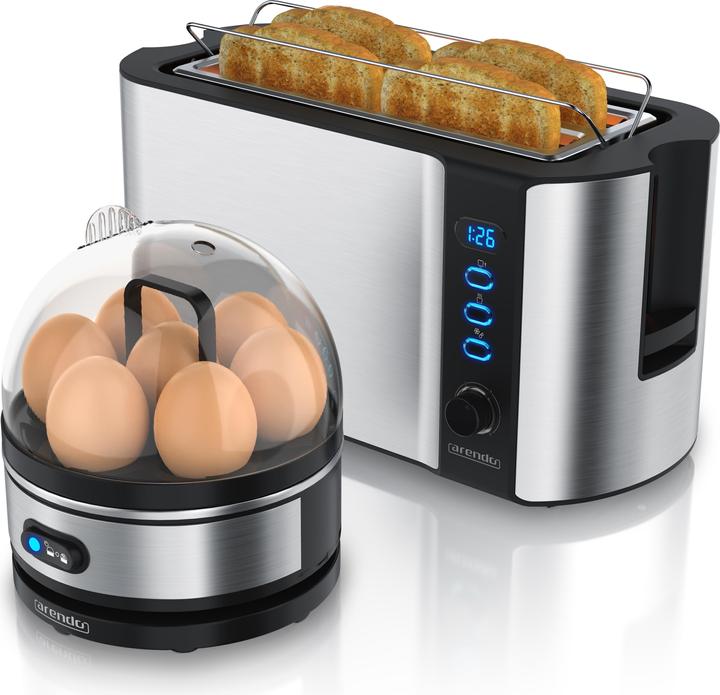 Arendo Frühstücks Set, 4 Scheiben Langschlitz Toaster mit Brötchenaufsatz & Eierkocher für 7 Eier, Silber