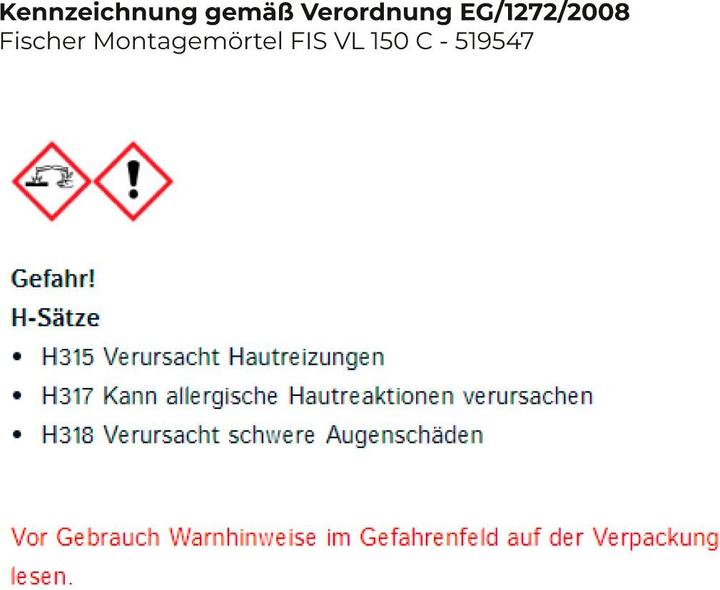 Nährwerte und Zutaten Fischer Montagemörtel FIS VL 150 C