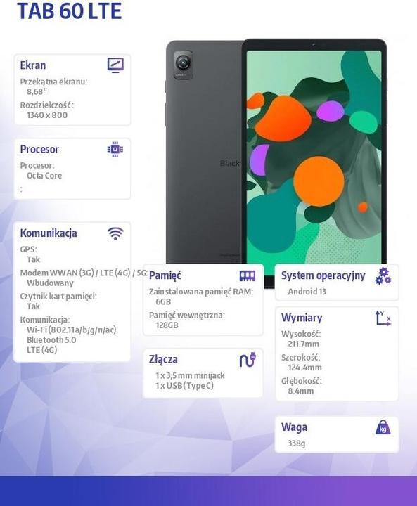 Actual product image Blackview Tablet TAB 60 LTE 6GB/128GB Grau ohne Ladegerät (4G, 8.68", 128 GB, Grey)