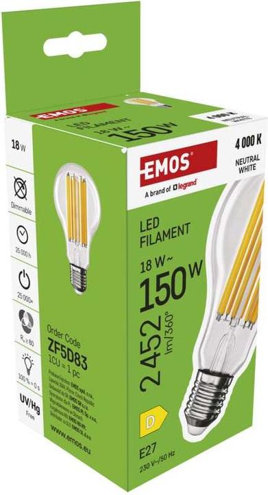 Produktbild Emos LED Lampe Filament A70 / E27 / 18 W (150 W) / 2452 lm / Neutral Weiss (E27, 18 W, 2452 lm, 1 x, D)
