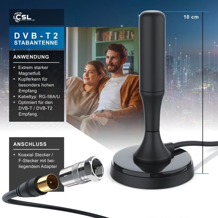 Actual product image CSL DVB-T2 rod antenna for indoor use, digital antenna with 4m cable / incl. F-plug adapter (Monopole antenna, 5 dB, DVB-T / -T2)