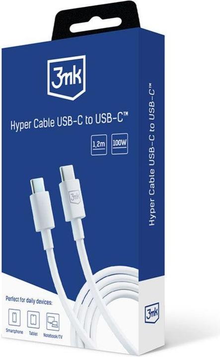 Produktbild 3MK Hyper Cable USB-C - USB-C 100W 1.2m Biały/White Kabel (1.20 m, USB 3.2 Gen 1, 100 W)