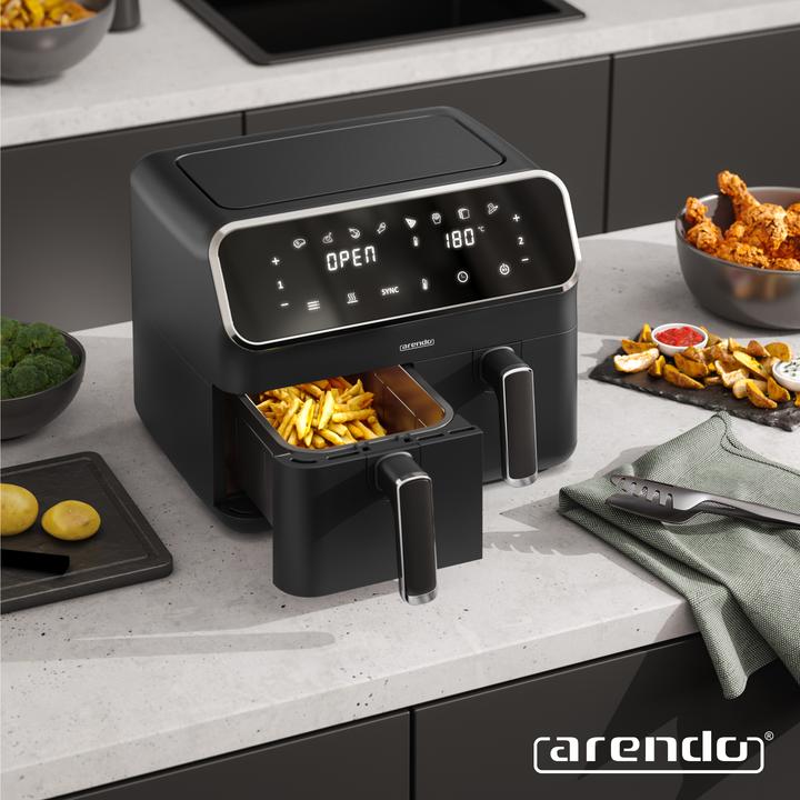 Produktbild Arendo Heissluftfritteuse XXL Doppelkammer Airfryer 8L, Dual Zone, Backofen, Edelstahl, 2700 W, mit Zubehör (CH-Stecker)