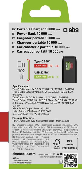 Energie-Label SBS 10.000 mAh-Powerbank mit integriertem USB-C Kabel (10000 mAh, 20 W, 37 Wh)