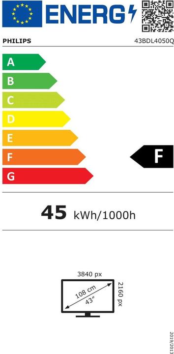Energy Label Philips Signage Display 43BDL4050Q/00 43", 24/7, 500cd/m², 25% Haze (3840 x 2160 Pixels, 43")