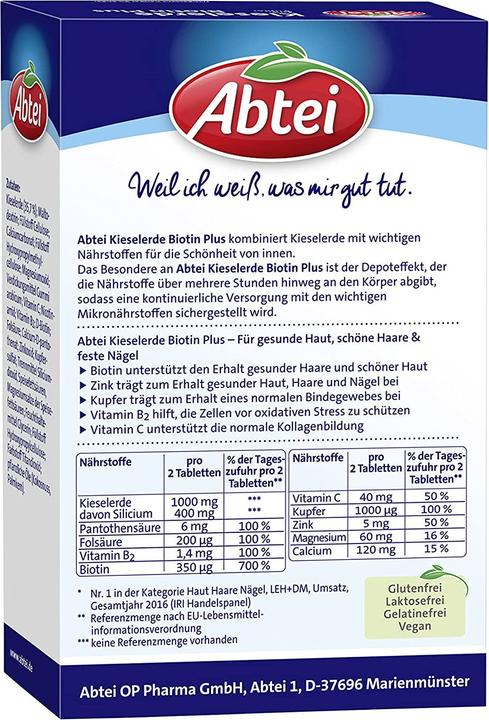 Valeurs nutritives et ingrédients Abtei Kieselerde Biotin Plus Tablette (56 pièce(s), Cachets, 78 g)