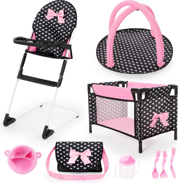 Actual product image Bayer Travel set 9in1 with doll's bed and high chair black/pink