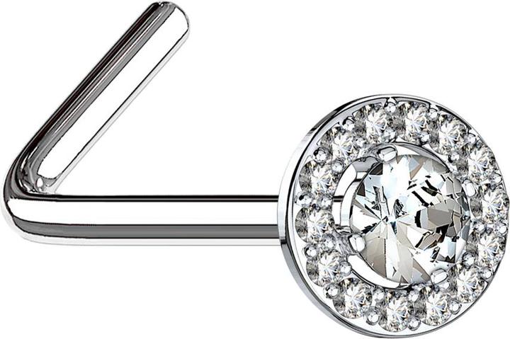 Star Piercing Nasenstecker gewinkelt silber Kristallkreis mit grossem Kristall silber (Messing, Chirurgenstahl 316L)