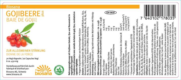 Nutritional values and ingredients Biosana Goji berry plus 4g (70 Piece, Capsules, 280 g)