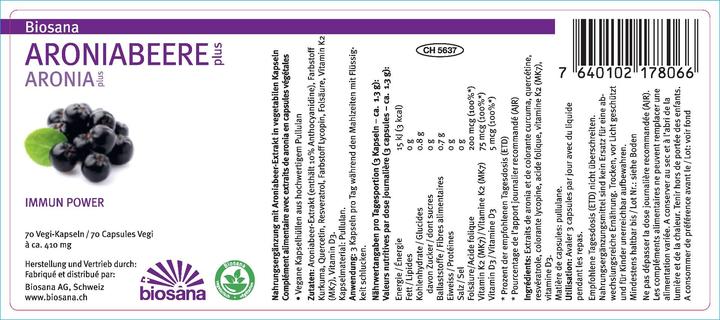 Nutritional values and ingredients Biosana Aroniabeere Plus (70 Piece, Capsules, 28 g)