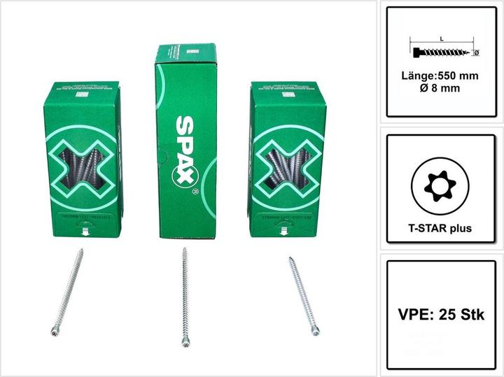 Immagine prodotto Spax Vite IN.FORCE 8.0 x 550 mm 25 pz. Torx T-STAR Plus T40 ( 1221010805505 ) Filetto pieno Cyli (25 Viti per pezzo)