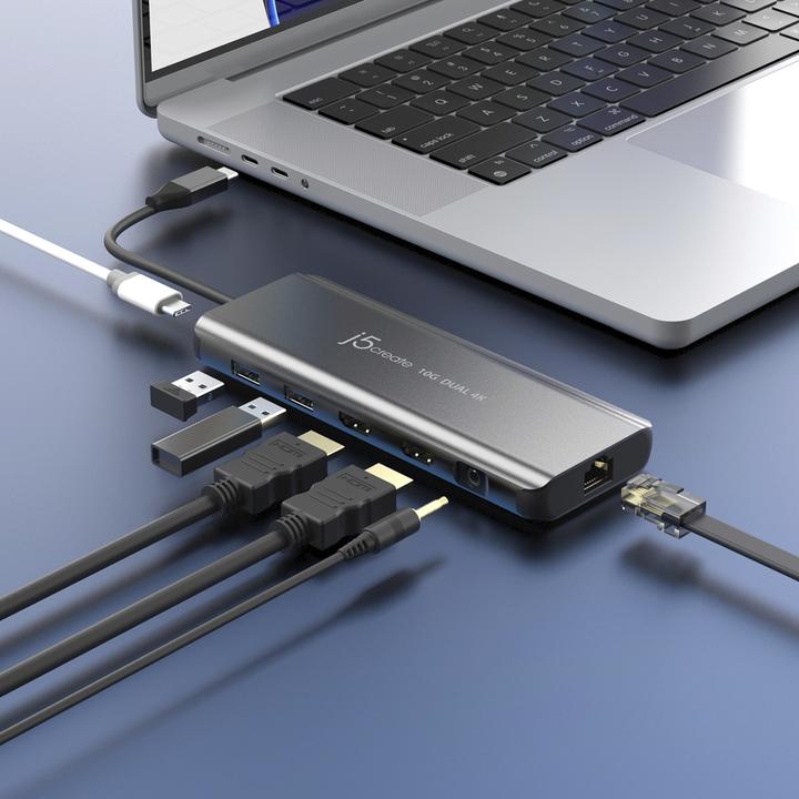 Actual product image j5Create JCD398 USB-C® Dual 4K HDMI™ 10Gbps Mini Dock, Black, Wired, USB 3.2 Gen 2 (3.1 Gen 2) Type- (USB-C, 3 Ports)