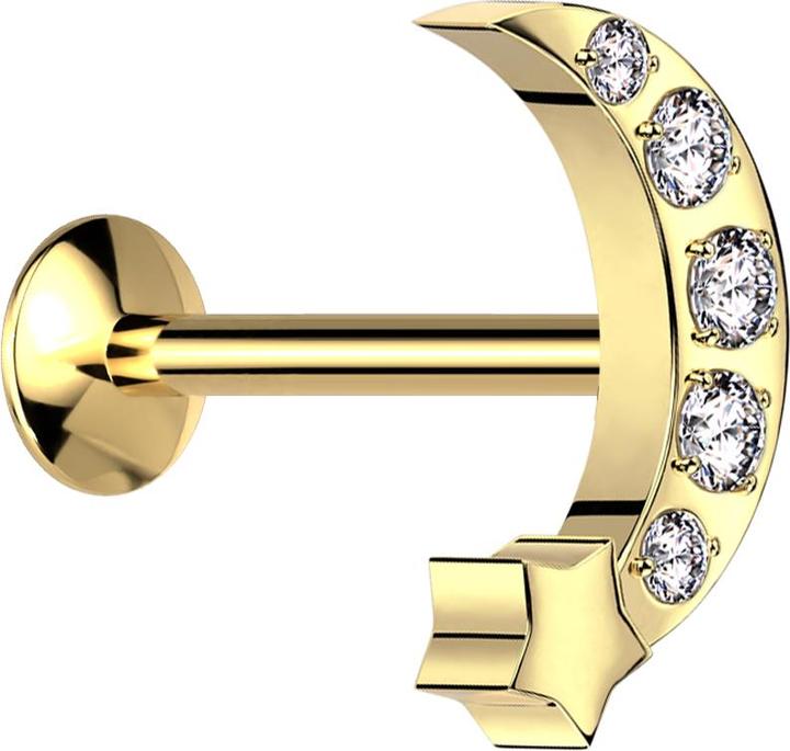 Star Piercing Micro Threadless UFO Labret vergoldet Mond mit Stern vergoldet Kristalle silber (Chirurgenstahl 316L, ohne Messing)