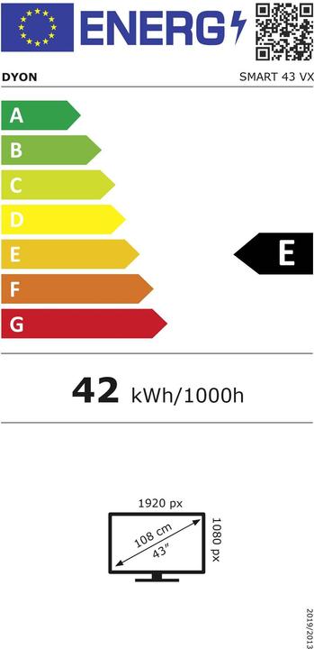 Label énergétique Dyon SMART 43 VX TV LED 108cm 43 pouces EEK E (A - G) DVB-S2, DVB-C, DVB-T2, CI+, Full HD, Smart TV (43", LED, Full HD)