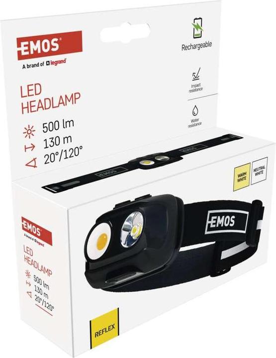 Actual product image Emos COB LED rechargeable headlamp P3542, 500lm, 130m, Li-pol 1200 mAh (500 lm)