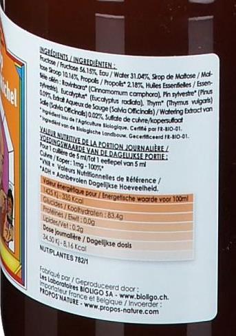Nutritional values and ingredients Bioligo POE 20 Sirop du Père Michel (1 Piece, Liquid, 923 g)