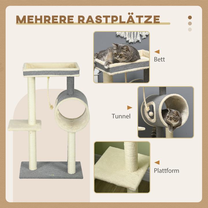 Actual product image PawHut Scratching post with cat bowl and play ball (104 cm, Beige, Cream, Cream white, Grey)