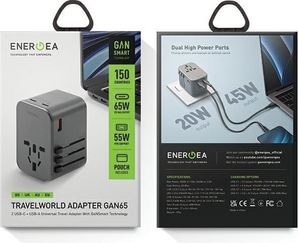 Actual product image Energea ład. siec. 1xUSB+2xUSB-C PD-PPS-QC 3.0 65W 1A2C adapter 4w1 US/UA/EU/UK szary/gunmetal Trave (65 W)