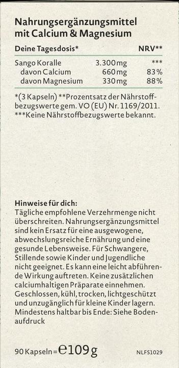 Nährwerte und Zutaten Nature Love Sango Meereskoralle (90 Stück, Kapseln, 109 g)