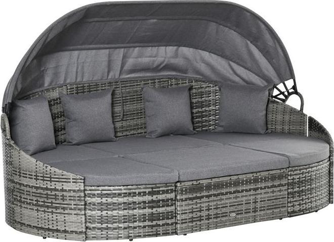 Produktbild Swisshandel24 Rattan Sonneninsel 4-teilige Liegeinsel mit Sonnendach Sitzgruppe 4 Kissen Metall Grau 230 x 145 x 8
