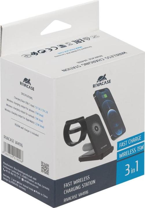 Image du produit Rivacase VA4916 WH3 Chargeur sans fil 3 en 1, charge 3 appareils simultanément, certifié Qi (15 W)