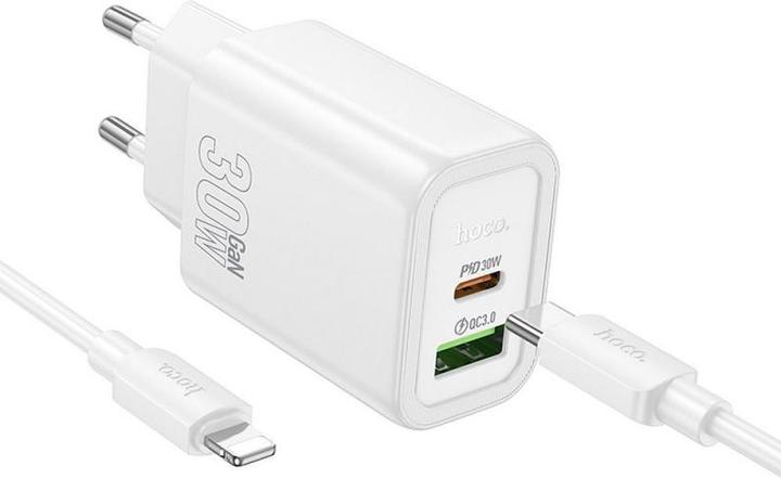 Hoco Adapter wall charger USB A + Type C + cable Type C to Lightning PD QC3.0 3A 30W N63 white (18 W)
