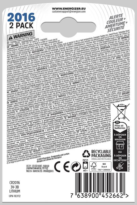 Immagine prodotto Energizer Pila a bottone CR 2016 3 V 2 pezzi 90 mAh litio E304205800 (2 pz., CR2016, 90 mAh)