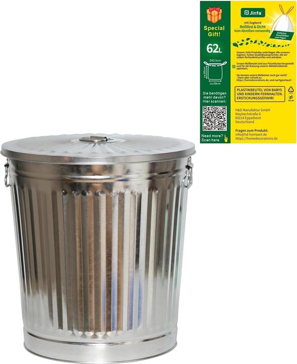 Produktbild Jinfa Retro-Metalleimer mit Deckel & 5 Müllbeutel (62L) (62 l)