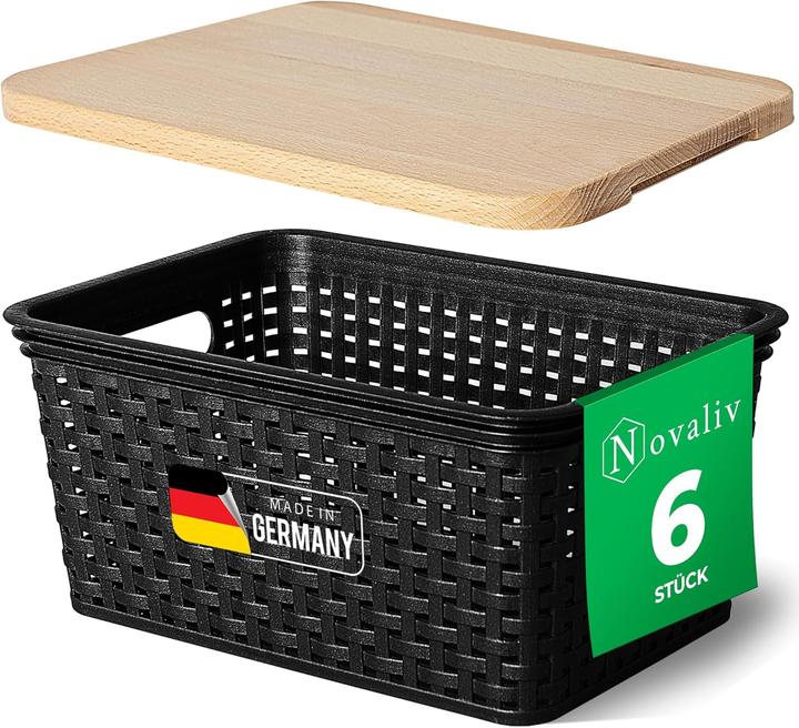 Immagine prodotto Novaliv 6er Set Aufbewahrungsboxen mit Holzdeckel Klein 5L Korb Schwarz in Rattan Design Lebensmitte (5 l)