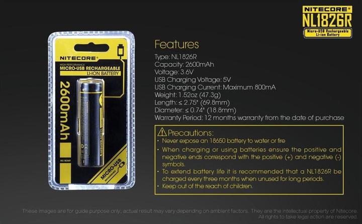 Actual product image Nitecore 18650 USB Akku 2600mAh NL1826r