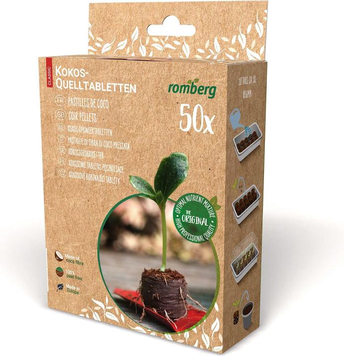 Actual product image Romberg Kokos-Quelltabletten für Pflanzenanzucht – 50 Stück, Ø 36mm Anzucht-Substrat mit leichter St