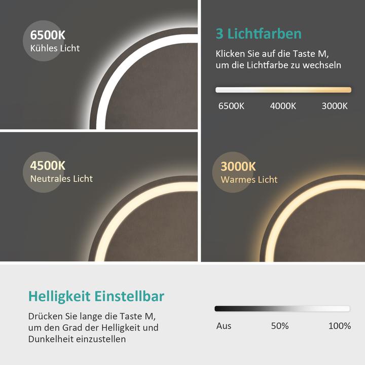 Produktbild Emke Badspiegel mit Beleuchtung Φ70cm,Beschlagfrei, 3 Farbtemperaturen(3000K-6500K) und dimmbaren