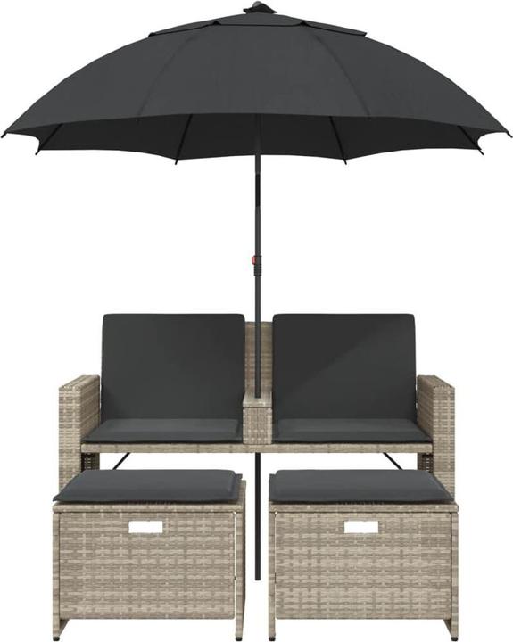 Produktbild VidaXL Gartensofa 2-Sitzer Sonnenschirm Hocker Gartenbank Hellgrau Poly Rattan