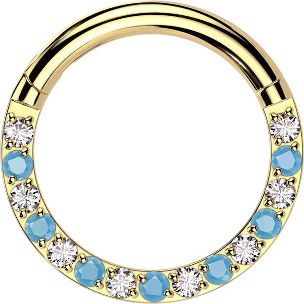 Star Piercing Micro Segmentring klappbar vergoldet front Kristalle silber mit Türkis Steinen (Titan G23)