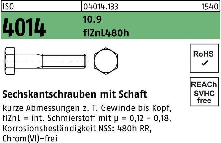 Produktbild Sechskantschraube ISO 4014 m.Schaft M 20 x 200 10.9 zinklamellenbesch. (10 Schrauben pro Stück)