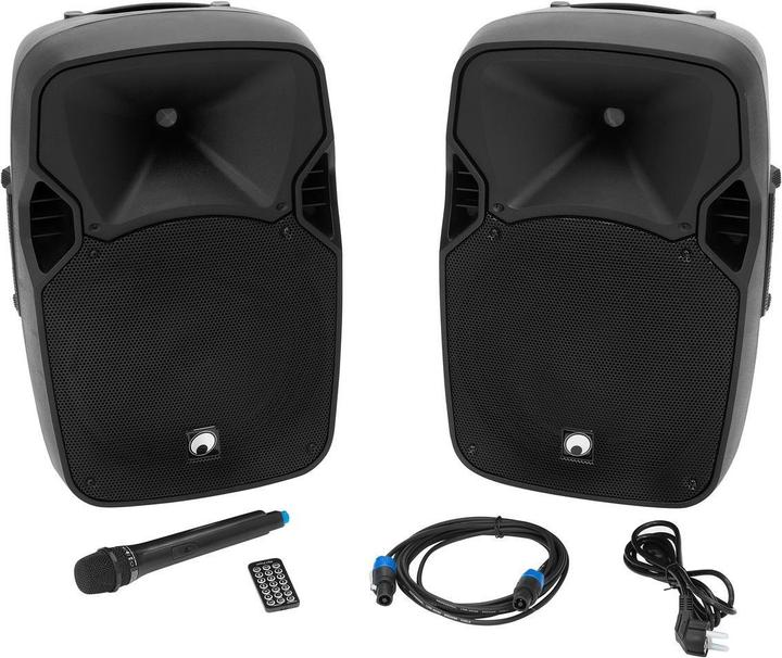 Actual product image Omnitronic Active PA speaker set XFM 212AP Bluetooth, incl. microphone, trolley function (Active, 1x 150 W)