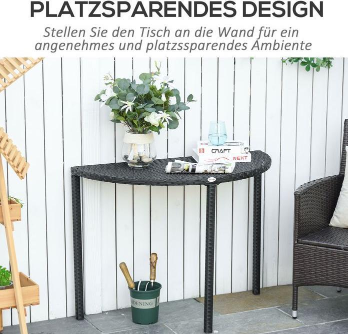 Produktbild Swisshandel24 Balkontisch Halbrunder Garten Beistelltisch aus Polyrattan und Metall, Schwarz, 100x50x74cm