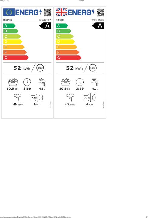 Label énergétique Hisense WF5S1045BW (10.50 kg, Gauche)