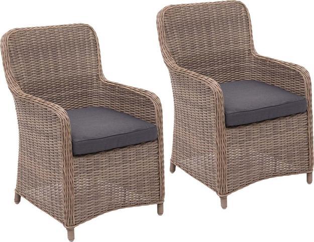 Produktbild Swisshandel24 2x Poly-Rattan Stuhl, Rattanstuhl Gartenstuhl Korbsessel, Spun Poly halbrundes Rattan beige Kissen g