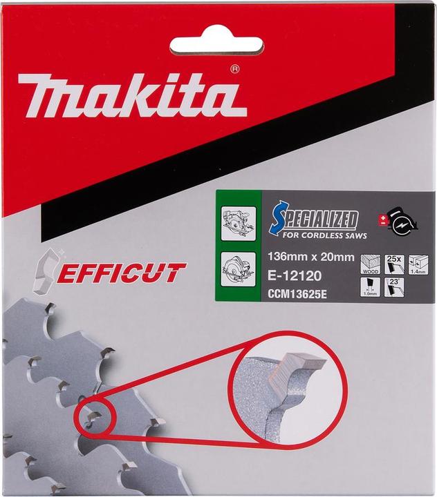 Produktbild Makita CCM13625E SPECIALIZED EFFICUT Sägeblatt ( E-12120 ) 136 x 1,4 x 20 mm 25 Zähne für Holz