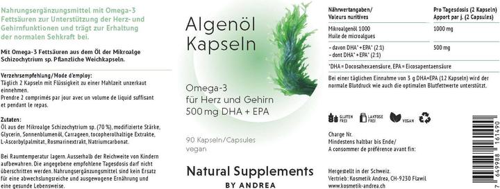 Nutritional values and ingredients Andrea Natural Supplements Algenöl (90 Piece, Capsules, 161 g)